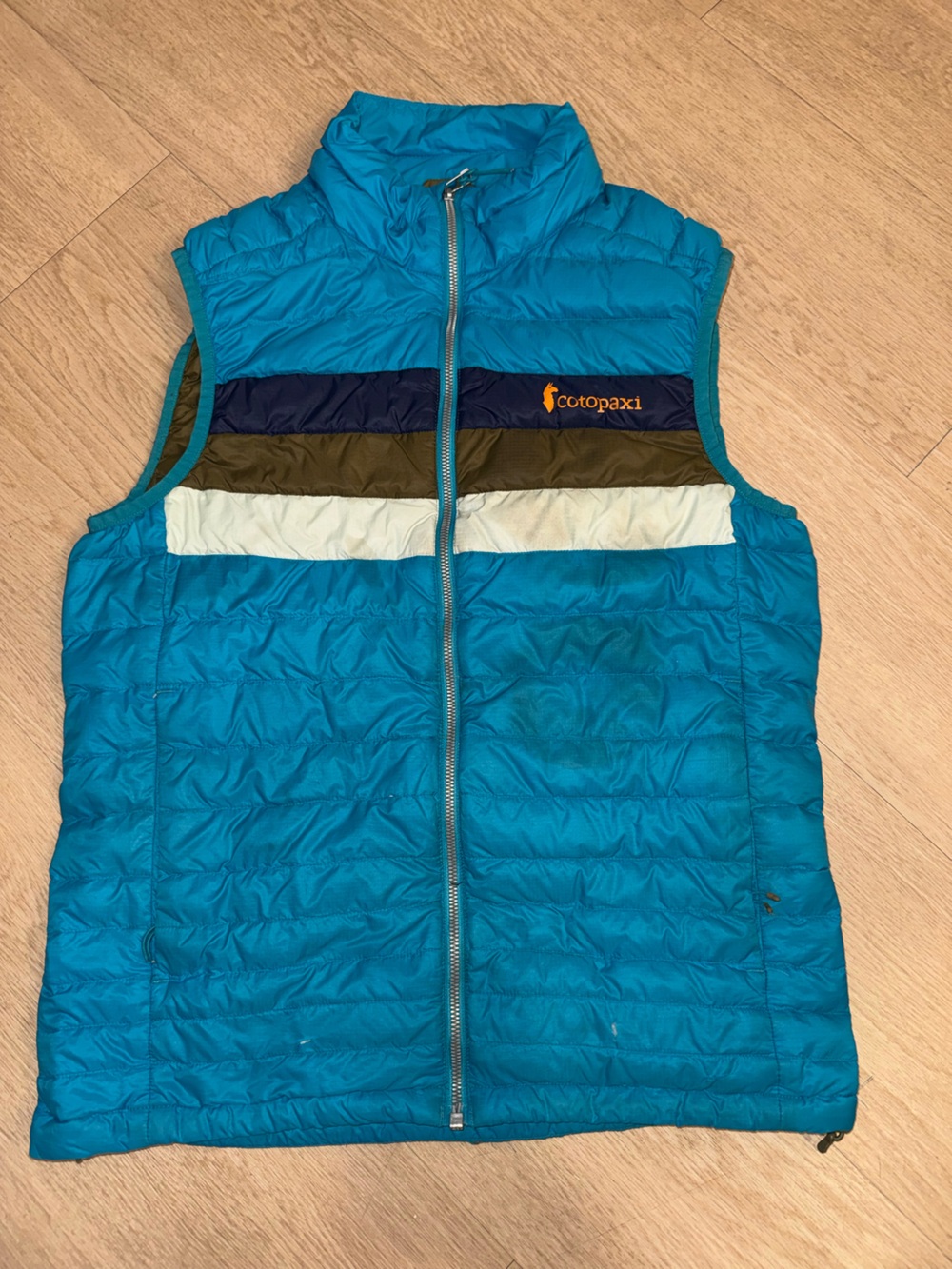 Cotopaxi Blue Fuego down Puffer Vest with Colorblock Stripes